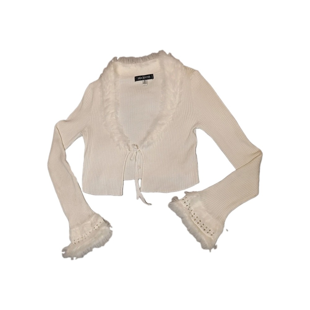 Urban Outfitters Y2K Coquette Cropped Ribbed Cardigan White Faux Fur Trim M